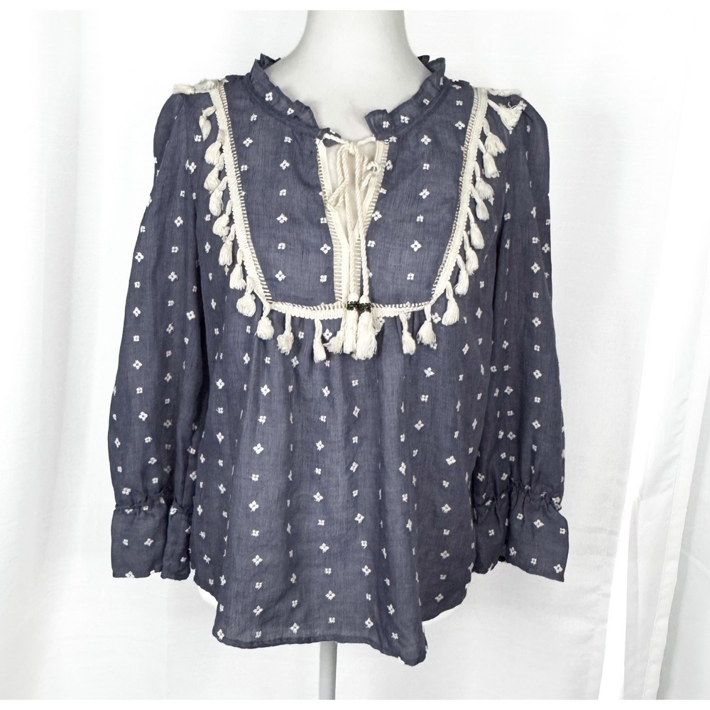 Maeve Anthropologie Blouse S Blue Embroidered Tassel Boho Peasant Ruffle Top